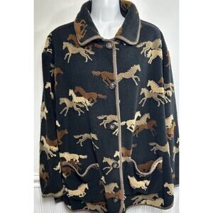Vtg Tsunami Fleece Jacket XL Equestrian Horses Button Black Brown Whimsy Canada